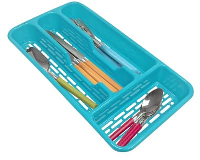 plastific Large CUTLERY TRAY Utensils Spoon Fork Holder Flatware Organiser for Kitchen Organiser Strong Plastic Drawer Sliding Tidy (33 x 17.5 x 4.3 slim, Turquoise)