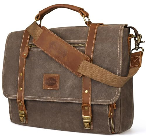 Manificent Bolsa de mensajero para hombre, estilo vintage, de piel auténtica, de 15,6 pulgadas, de lona, encerada, de cuero, para ordenador portátil, impermeable, para negocios, color marrón