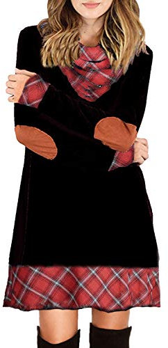 Ancapelion des Femmes col bénitier de Mini Robe Automne Pull à Manches Longues Tops Plaid coude Patch Casual Tunique lâche pour Les Dames (Noir, XXL(EU 48-50))