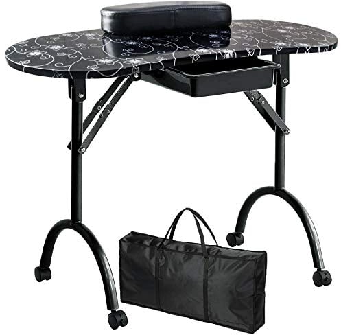 Kalolary Manicure Table - Portable Nail Table with Wheels - Mobile Nail Table - Black