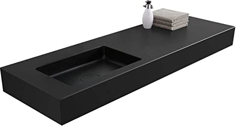 Wandwaschbecken BA8012 aus Mineralguss - 121 x 45 x 12 cm - Farbe wählbar - Metallkonsole optional, Farbe:Quarz schwarz, Untergestell:Ohne Untergestell