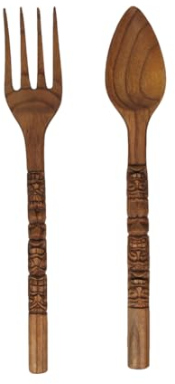Set of 2 Carved Tiki Design Wooden Spoon & Fork Utensil Wall Sculptures in Brown Wood - Large 24-Inch Decorative Art Pieces, Perfect for Hawaii-Inspired Home Decor