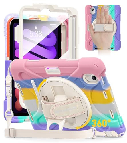 BRAECN for iPad Mini 7(A17 Pro)/ 6 case 2024/2021 8.3 inch Heavy Duty Shockproof Protective with Pencil Holder Screen Protector 360°Rotating Stand Handle & Shoulder Strap Full Body Cover Kids Friendly