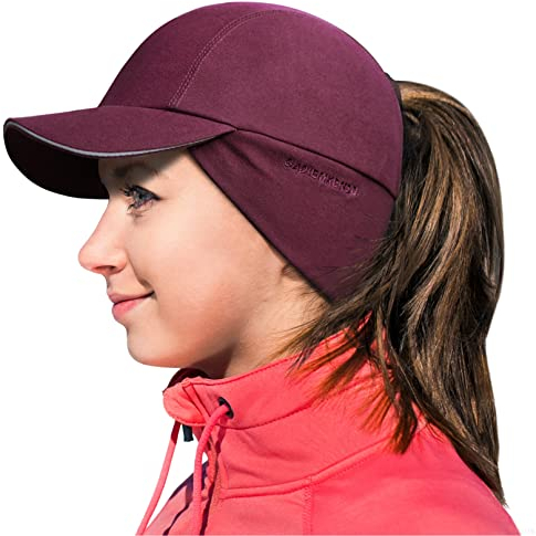 GADIEMKENSD Winter Fleece Hats Reflective Ponytail Hat for Women Baseball Caps with Earflap Drop Down Ear Warmer Mens Skull Cap Beanie with Visor Cold Hat for Outdoor Hiking Running Snow Ski Wine Red