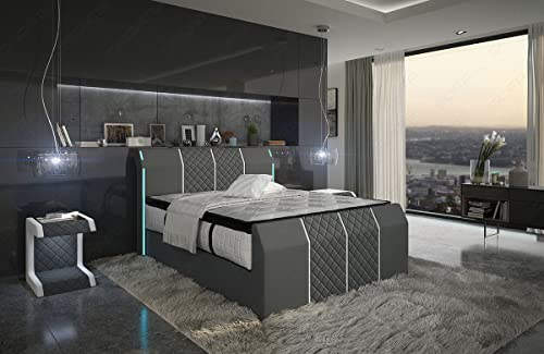 Sofa Dreams Boxspringbett Paris Mikrofaser Polsterbett mit Stauraum Hotelmatratze LED Licht 140x200 160x200 180x200 200x200 200x220 (160 x 200 cm, Grau-Weiß-m15)