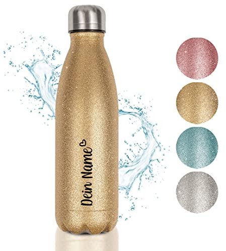 Glitzer-Trinkflasche aus Edelstahl | Personalisiert | Name mit Herz | Thermoflasche | BPA-Frei | Geschenkidee | Gold