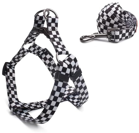 Cosyhome London Dog Harness Leash Set, Breathable,Adjustable,Dog Lead and Harness No Pull Small Medium Large dog (black and white grids, S)
