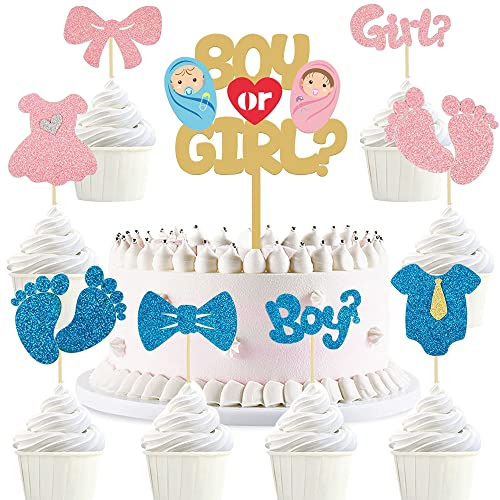 HGSHUO Boy or Girl Tortendeko Gender Reveal Kuchen Deko Glitzer Cupcake Topper Junge oder Mädchen Muffin Deko Baby Shower Torte Deko Geburtstag Kuchendeko Kindergeburtstag 25 Stück