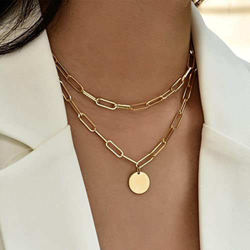 Yienate Punk Mehrschichtige Klobige Halskette Choker Gold Büroklammer Kette Hip-hop Statement Münzen Anhänger Halskette Rock Pailletten Anhänger Mehrschichtige Halskette Charme Schmuck Für Damen