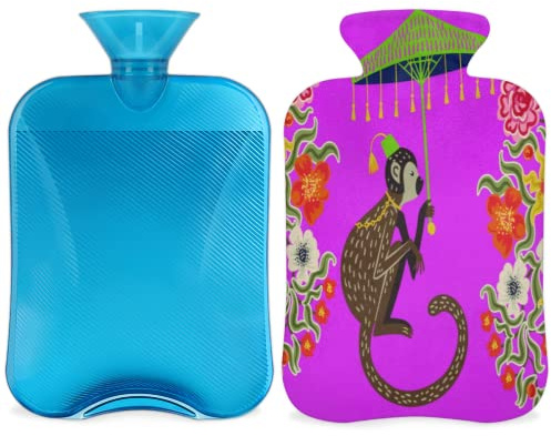 Wärmflasche mit Bezug, 2 l, ethnischer Regenschirm, Affe, Wärmflasche für Bettwärmung/Periodenschmerzlinderung, florales Tier-Wärmflaschenhülle