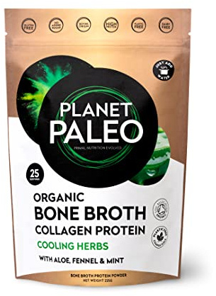 Planet Paleo Organic Bone Broth - Cooling Herbs (225g, 25 Servings) Organic, Grass Fed, High Protein | Fennel, Peppermint, Liquorice and Aloe Vera - Digestive Support