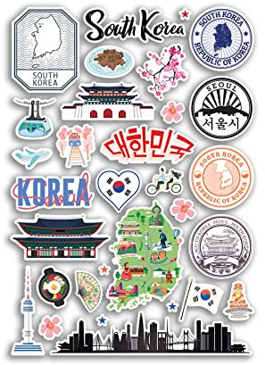 A4 Aufkleberbogen Südkorea Sehenswürdigkeiten Vinyl Aufkleber – Koreanische Stadtkarte Flughafenstempel Skyline Flagge Reise Urlaub Kultur Ästhetisch #79991
