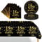 POPOYU 37Pcs Black Gold 18th Birthday Tableware Set,Happy Birthday Party Dinnerware Set,Black Gold Paper Plates 7 Inch Napkins Table Cloth for Boys,Girls,Him,Her 18th birthday Gifts Party Supplies