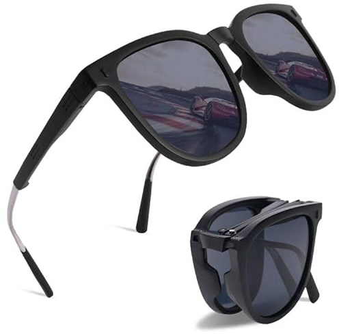 Aomig Faltbare Sonnenbrille, Folding Retro Sportbrille für Herren Damen, Rahme Ultra Leicht Brille mit UV 400 Schutz, Unisex Mode Sunglasses zum Golf Fahrrad Reise Outdoor Sport (Grau)