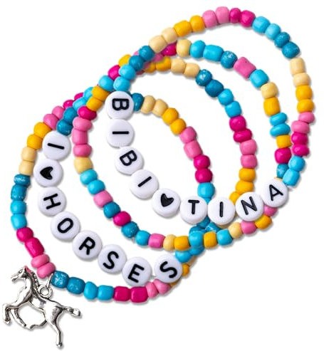 Papierdrachen 4 Perlen-Armbänder in sanften Pastelltönen - mit Pferd-Anhänger - tolle Geschenkidee für Mädchen - BIBI <3 TINA und I LOVE HORSES - schönes Accessoire - Set 4