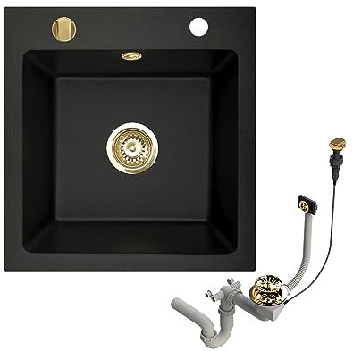 Faizee Möbel | Granitspüle 48x50 cm Schwarz | Küchenspüle & Spülbecken aus Gold Granit | Inkl. Siphon-Set | Kratzfest & hitzebeständig | Für Unterschränke ab 45 cm (Ohne Armatur)