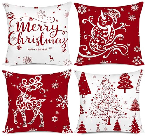 Miaikoe Weihnachtskissenbezüge 50x50 Set von 4 Weihnachtsdekoration Bäume Hirsch Schneemann Frohe Weihnachten Dekorative Urlaub Bauernhaus Kissenbezüge für Urlaub Weihnachtsdekoration (rot)
