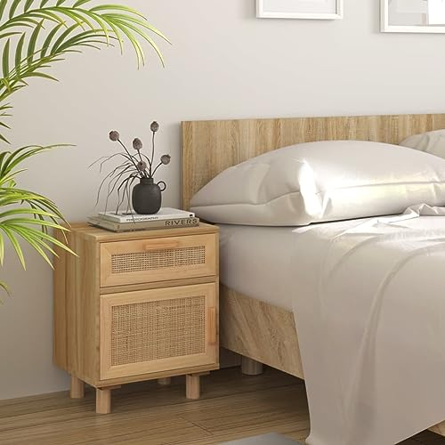 Puraday Nachttisch Braun Massivholz Kiefer und Natur-Rattan Mit Schublade Modern Komodenschrank Beistelltisch Nightstand Holz Schlafzimmer Möbel Kommode