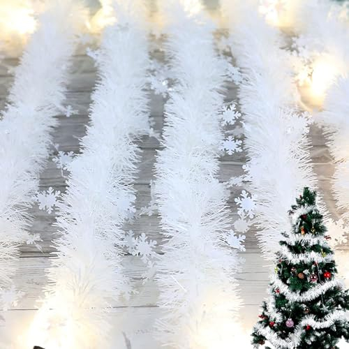Weihnachtsgirlande, 5 x 2M Weiß Schneeflocken Tannengirlande,Weihnachtsdeko Winter Girlande Schneehänger Weihnachtskranz Fenster Dekoration Weihnachts Zubehör für Türen Kamine Treppen Wand Tür Kamin
