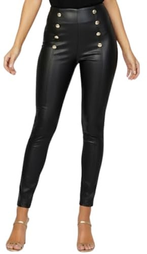 STAR FASHION Women’s PU Leggings High Waist Wet Look Faux Leather Skinny Pants with Gold Side Button Detail Stretchy Shiny Black Clubwear Trousers 12-14