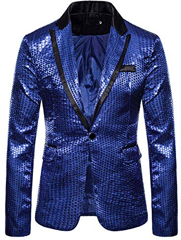 Sakko Herren Pailletten Sakko Anzüge Hochzeit Party Anzugjacke Smoking Silvester Festlich Glitzer Outfit Sakkos Jacket,Blau,M
