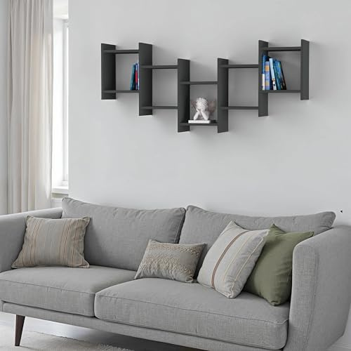 HOCUS PICUS Schwebende Wand Regal, 5-stufiges Wandregal, Holzwerkstoffregal, Modernes Wandregal für Accessoires und Bücher, Wohnzimmer, Büro, einfache Montage (Anthrazit)