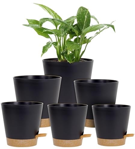Homeuouz 6 Pack Plastic Plant Pots,Self Watering Plant Pots Indoor,20/17.5/16.5/15/14/12.5CM,Medium Flower Pots with Drainage Holes Saucer and Reservoir for All House Plants(Black)