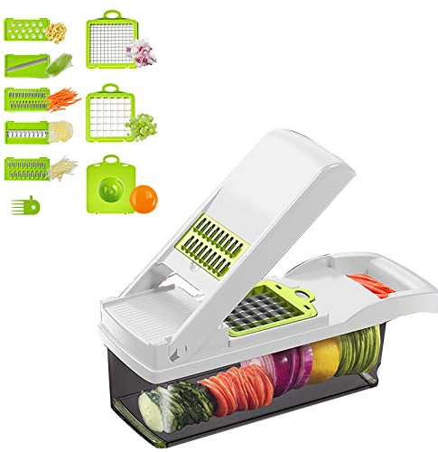7 in 1 Gemüseschneider, Multifunktions-Gemüsehobel, Gemüsehobel mit 7 austauschbaren Edelstahlklingen für Kartoffeln, Knoblauch, Obst, Salat, Julienne-Reibe