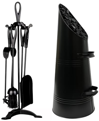 Trendi Black Waterloo Bucket Coal Log Fire Ash Scuttle Hod Fireside + Shovel with 5 Piece Cast Iron Loop Design Companion Set… (Companion Set + Coal Scuttle HOD)
