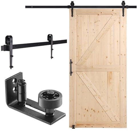 VEVOR Kit de porte de grange et de quincaillerie, 1066,8 x 2133,6 mm, porte de grange coulissante en bois, silencieuse, avec guide au sol 8 en 1 et poignée de porte, dalle lambrissée en bois d'épicéa