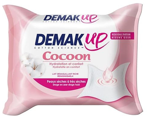 Lingettes Démaquillantes Demak'up Cocoon pour Peaux Sèches et Très Sèches - Lot de 25. Idéales pour une Toilette Douce et Hydratante. - Le Lot De 4