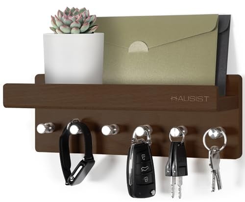 HAUSIST Schlüsselbrett Holz mit Ablage, schlüsselkasten Holz,Schlüsselhalter mit Edelstahlhaken,Schlüsselablage Wand, Schlüsselboard aus Buche,Schlüsselhaken Key Holder Modern, Braun