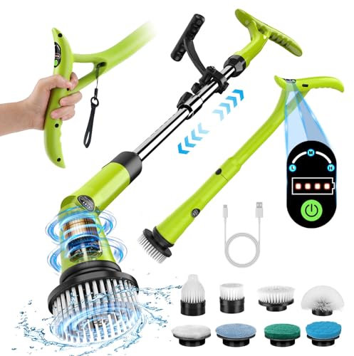 Cepillo Eléctrico Limpieza Hogar, 3 Velocidades de Rotación, Cepillo de Limpieza Sin Cuerda 8 Cabezas de Cepillo 3 Ángulos Ajustables, Mango Telescópico Ajustable, para Baños/Cocinas/Automóviles