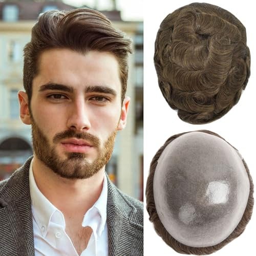Ehairc Toupet für Männer 0.04-0.06mm Dünne Haut Doppelte Knoten Herren Toupet Langlebig 100% Human Hair System für Männer Perücke Basisgröße 8x10 Zoll 120% Dichte（5#）