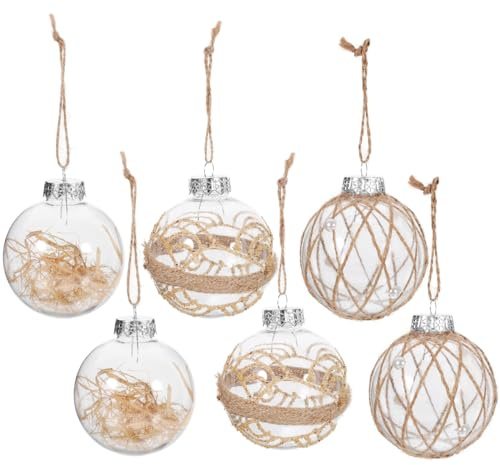 TOPBATHY 6 Stück Weihnachtskugeln Kunststoff 8cm Transparente Weihnachtskugeln Mit Juteschnur Boho-weihnachtsbaumschmuck Hängend Ornamente für Weihnachtsbaum Party, Hochzeit