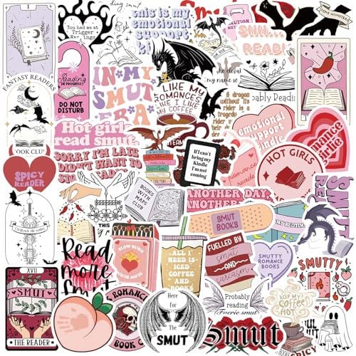 Kindle Stickers - 52pcs Funny Smutty Book Stickers for Reading, Vinyl Waterproof Booktok Aesthetic Decals for Laptop, Computer, Phone, Water Bottle for Teens and Adults (#A)