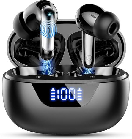 Raysha Wireless Ear buds, Wireless Ear buds Bluetooth 5.3 with 4H ENC Mic, 48H Playtime LED Display, Bluetooth Earphone Noise Cancelling, Deep bass, Touch Control, IP7 Waterproof, USB-C, Black