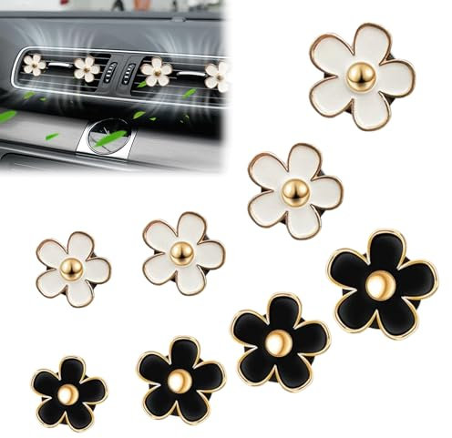 8 Stück Auto Deko für Lüftung Sschlitze für Autos Weißes Schwarz Einzigartiges Design Gänseblümchen-Blumen-Auto-Lufterfrischer-Clip auto deko innenraum frauen Auto Deko Innenraum für Auto Wohnzimmer