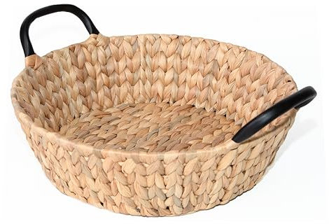Wickerfield Water Hyacinth Storage Basket for Shelves Wicker Gift Hamper with Black Handle Small Home Office Bathroom Organizer (Round, Medium)