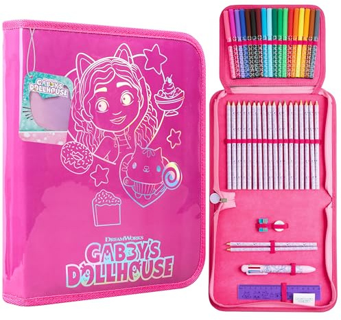 Gabby's Dollhouse Pencil Case & Stationery Set, Girls Pencil Pouch Colouring Pens Pencils, Kids School Supplies, Girls Gifts