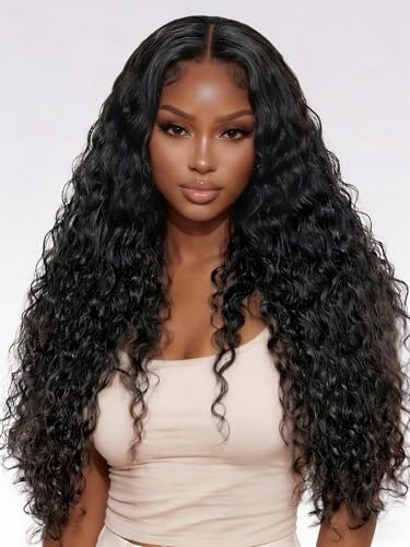 28 Inch Women's Real Hair Wig,Deep Wave Human hair Wig,180 Density Echthaar Perücke 13X4 HD Transparent Lace Front Glueless Wigs For Black Women Pre Plucked,Natural Black Curly echthaar perücke (71cm)