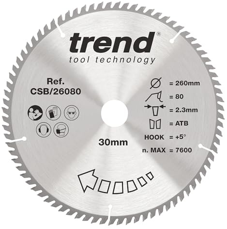 Trend Wood Circular Saw Blade 260mm 80T 30mm Bore, Extra-Fine Finish | Ideal For Fine Crosscutting In Wood, With TCT Teeth, 2.3 mm Kerf And +5° Hook Angle For Clean Cuts, CSB/26080