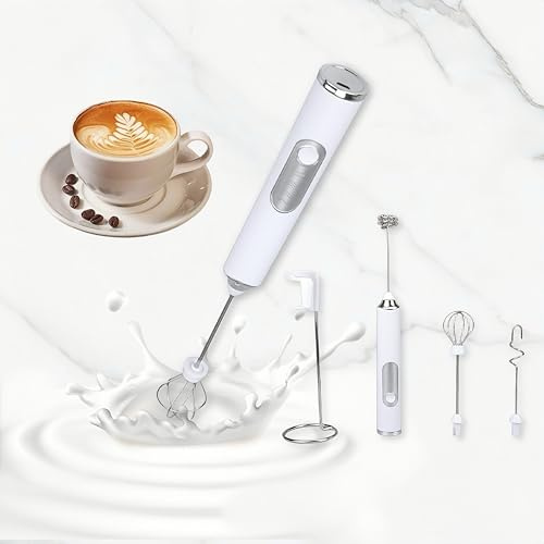 Milk Frother, Handheld Coffee Frother, 3 Gear Adjustable Rechargeable Drink Mixer and Blender with 2 Stainless Steel Whisks for Coffee Matcha Latte Cappuccino Hot Chocolate(White)