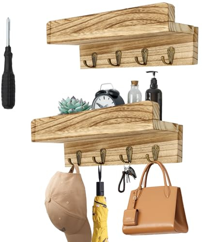 ZYNERY Wandgarderobe mit Ablage und 4 Metallhaken, Holz Garderobenhaken 2er Set, Wandschweberegal mit Hutablage, für Badezimmer, Küche, Waschküche, Wohnzimmer, Schlamm