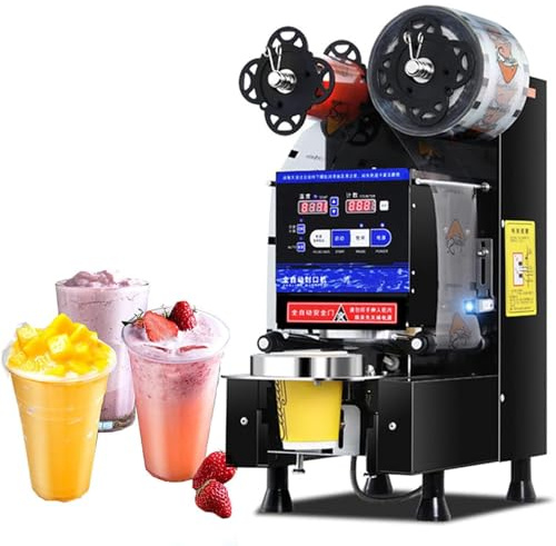 DUXMM 350W Electric Cup Sealer，Fully Automatic Sealing Machine，600-800 Cups/H Commercial Bubble Tea Cup Sealer with Control LCD Panel，for Tea Milk Tea Juice Drink,Black