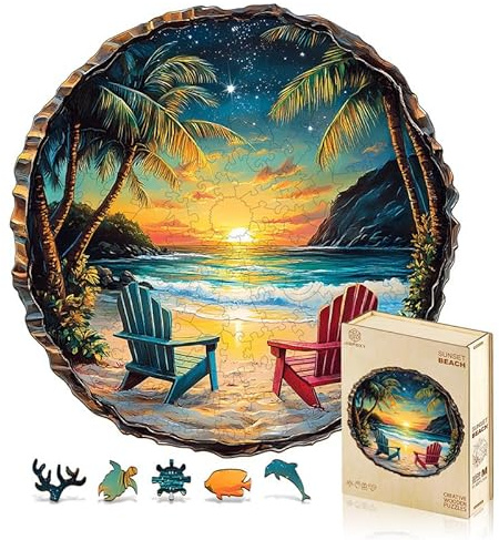 Jigfoxy Holzpuzzles für Erwachsene, 295-teiliges Sonnenuntergang-Strand-Puzzle, einzigartiges tierförmiges Puzzle für Erwachsene und Jugendliche, kreatives Geschenk mit Premium-Holzbox, 34 x 33,8 cm