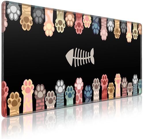 Tapis de Souris XXL, Grand Tapis Souris Gaming, 900x400mm Tapis Souris | avec base antidérapante et imperméable pour le bureau et la maison, améliore la vitesse (pattes de chat)