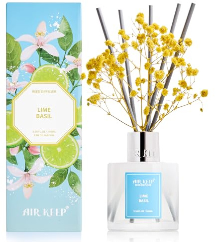 Airkeep Raumduft mit 8 Duftstäbchen 100ml, Lime Basil Langanhaltender Lufterfrischer, Natürlicher Duft, Deko für Badezimmer, Schlafzimmer, Wohnzimmer & Büro