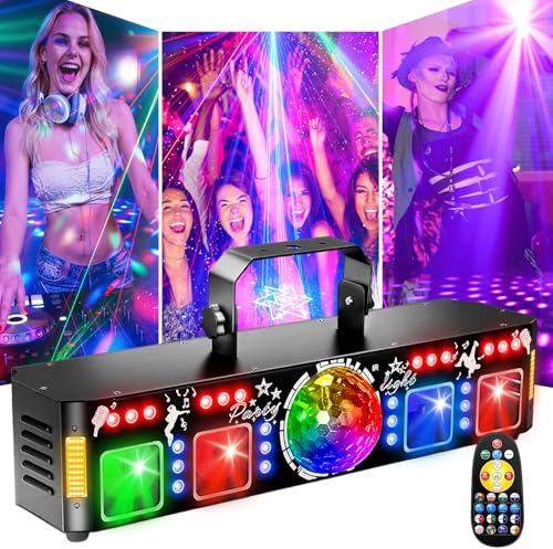 BOSYTRO 7 In 1 Discolicht Partylicht mit Fernbedienung, Musikgesteuerte RGB DJ Disco Lichter, DMX512 Bühnenbeleuchtung mit Lichtmuster, GoldBlinkLicht,Seiten für Party, Club,Festliche Darbietungen