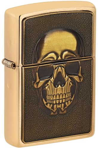 Zippo Windproof Lighter - Embossed Skull, Brushed Brass, Emblem - Refillable - Reusable - Windproof Design - Gift Box - Made in USA